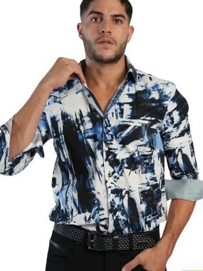 Bugatchi White, Blue & Black Abstract Print Button-Down Shirt Size Large